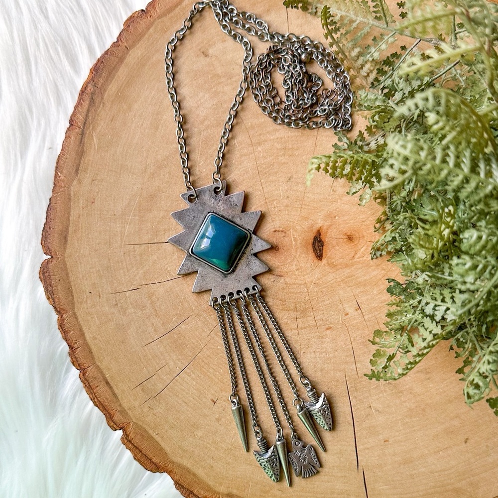 Southwestern Aztec Thunderbird Long Silver Necklace Blue Stone Arrow Charm